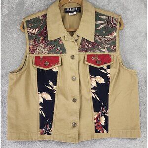 Signature by Jerell Vest Womens XL Beige Denim Floral Patchwork Button Front